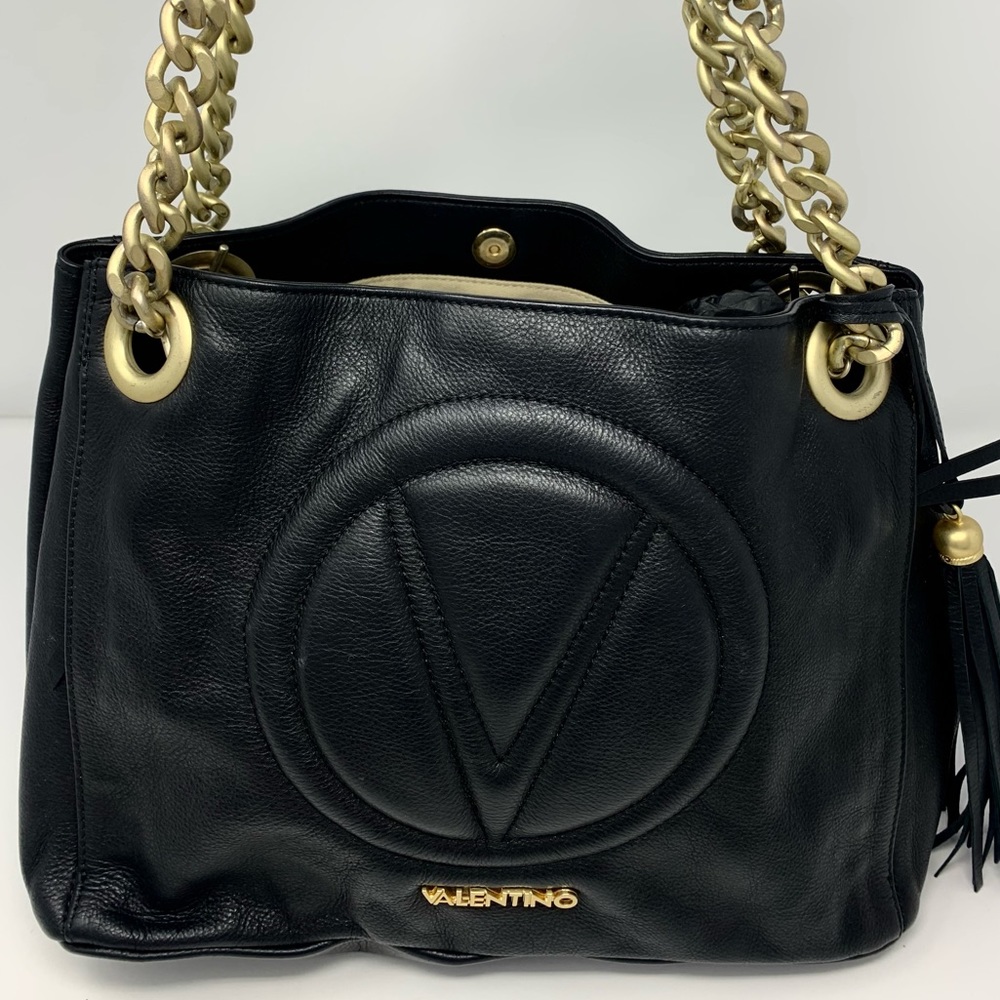 VALENTINO by Mario Valentino Monogram leather tote w champagne gold color chain